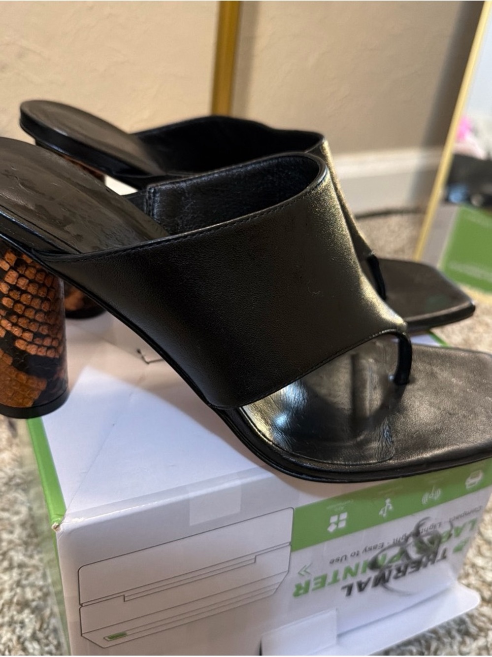 Black Leather Square-Toe Mules with Textured Brown Heel